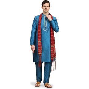 Men's Art Silk Embroidered Kurta Pajama Set with Scarf