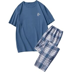 OYOANGLE Men's 2 Piece Pajama Set Short Sleeve Mens Sleepwear Set with Short Sleeve Top and Pants