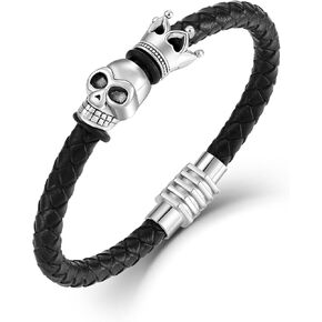 PYNYZ Skull Leather Bracelet for Men, Stainless Steel Cuff Bracelets King Crown Jewelry Gifts for Mens