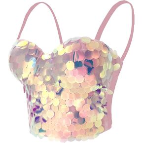 ELLACCI Women's Shiny Sequin Bustier Crop Top Club Party Lace Corset Top Pink