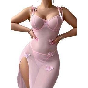 SHENHE Women's Lingerie Babydoll 2 Piece Mesh Chemise Nightgowns Strap Butterfly Nightwear Sleepwear Lingerie Dress
