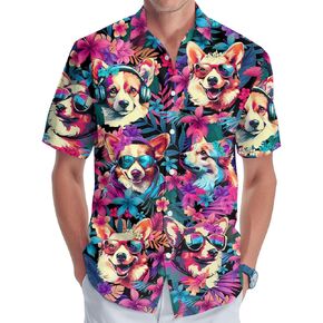 Dog Lover Casual Print Hawaiian Shirt, Summer Animal Graphic Short Sleeve Button Shirt, Birthday Gifts for Men Women