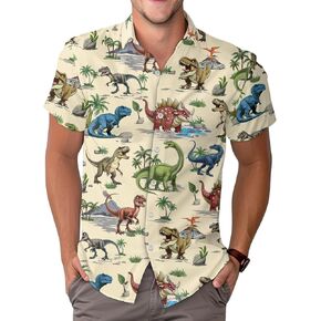 Dinosaur Short Sleeve Hawaiian Shirt, Funny Animal Print Casual Button Shirt, Summer Gifts, Birthday Gifts