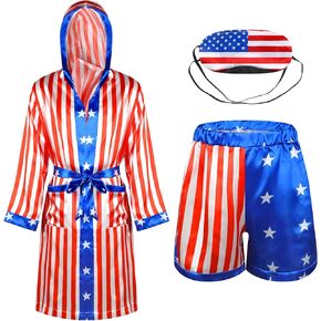 Satin American Flag Boxing Costume with Robe Satin Shorts and Patriotic Blindfold Sleeping Adults Soft Eye Cover