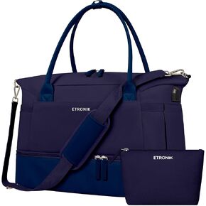 ETRONIK Weekender Bags for Women, Canvas Travel Bag 2 Pcs Set with USB Charging Port, Duffle Bag with Shoe Compartment, Carry on Overnight Bag for Women Travel, Dark Blue