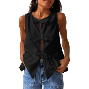 Women Trendy Bow Tie Front Babydoll Tank Tops Sleeveless Peplum Ruffle Blouse Tie Up Summer Casual Dressy Tunic