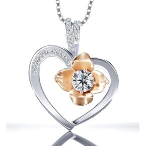Kari Luxe Platinum Plated Flower in Heart Necklace with 1CT Moissanite Pendant Necklace Gift for Women