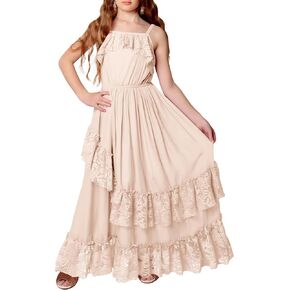 MITILLY Girls Boho Lace Flower Dresses Square Neck Sleeveless Ruffle Tiered Flowy Party Maxi Dress with Pockets