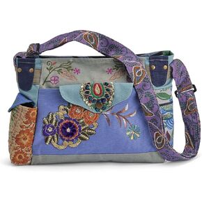 Patchwork Applique Purse, Women’s Boho Crossbody Bag, Adjustable Shoulder Strap, Top Zip Closure, 13" x 9"