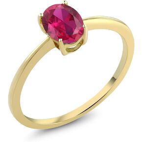 Gem Stone King 10K Yellow Gold Red Created Ruby Solitaire Engagement Ring | 0.90 Cttw | Oval 7X5MM | Wedding Anniversary Promise Ring For Women | Available in Size 5-10