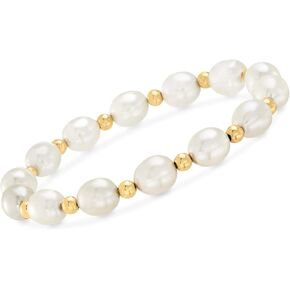 Ross-Simons 8-9mm Cultured Pearl and 14kt Yellow Gold Bead Stretch Bracelet. 8 inches