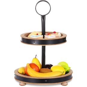 Urban Deco Wooden Tiered Tray 3-Tier Decorative Tray Stand Farmhouse Serving Tray, Round Wooden Cupcake Display Stand with Metal Handle, White Tiered Fruits Tray for Home Party Decorations