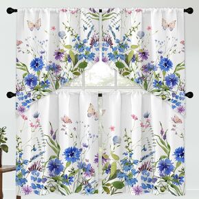 Floral Leaves Swag Curtain for Kitchen Bathroom Watercolour Pink Flower Rod Pocket Window Tier Curtains Valance Set 4 Pcs Plant Printed Valances 27W x 36L*2 Curtains 27W x 36L*2
