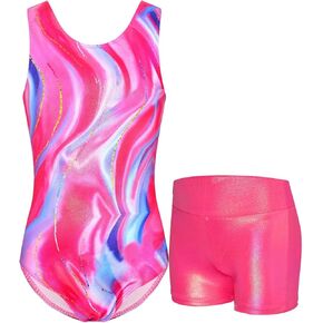 Gymnastics Leotards for Girls Sparkly Tumbling Bodysuits with Shorts Athletic Activewear Sleeveless Dance Outfit