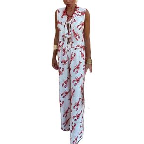 Women Y2k 2 Piece Tie Front Pajamas Set Sleeveless Lobster Print Lace Up Vest High Waist Pants Lounge Sets