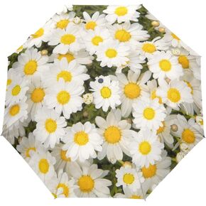 senya White Daisy Compact Travel Umbrella Sun and Rain Windproof Auto Open Close Folding Umbrella