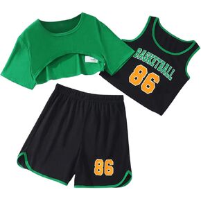 Verdusa Girl's 3 Piece Outfits Letter Print Tank Top Shorts Sets with Crop Tee Top