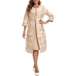 Women's Dress Church Suits 2 Piece with Jacquard Embroidery Long Jacket Church Set for Formal Occasions or Wedding Party