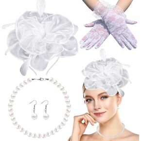 1920s Vintage Fascinators Hat Set for Women Cocktail Wedding Halloween Tea Party Headband Lace Gloves Pearl Jewelry Set