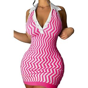 Women’s Summer Halter Dress Backless Striped V Neck Bodycon Mini Dress Y2k Knit Dress Sexy Casual Tank Dress