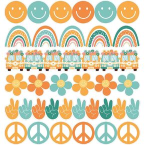 Qyeahkj 85Ft Hippie Bulletin Board Border Decoration Groovy Retro Straight Border Strips Daisy Rainbow Smiley Borders Trim Boho Hippie Bulletin Board Cutouts for School Office Wall Decor, 6 Styles