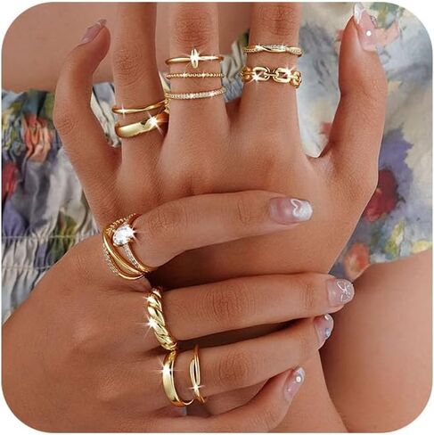 حلقات ذهبية قابلة للتكديس من Tasiso للنساء، 12 قطعة مطلية بالذهب عيار 14 قيراط غير مشوهة، مجموعة خواتم إبهام مكعبة زركونيا عصرية أنيقة لحفلات الزفاف وحفلات التخرج مقاس 6 7 8 9 10 in Kuwait