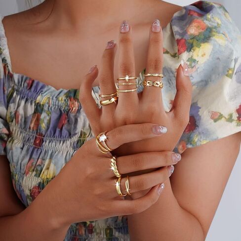 حلقات ذهبية قابلة للتكديس من Tasiso للنساء، 12 قطعة مطلية بالذهب عيار 14 قيراط غير مشوهة، مجموعة خواتم إبهام مكعبة زركونيا عصرية أنيقة لحفلات الزفاف وحفلات التخرج مقاس 6 7 8 9 10 in Kuwait