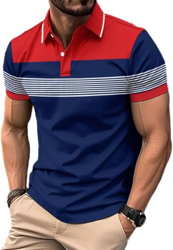 Mens Fashion Color Block Polo Shirts Casual Short Sleeve T Shirt Striped Moisture Wicking Golf Shirts Tops in Saudi Arabia