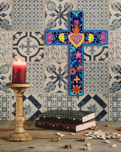Putuo Decor Floral Cross Wall Decor Painted Decorative Wooden Inspirational Cross Spanish Style Wall Cross Decor Mexican Art Wall Decor Crucifix for Home Room Church Decoration in Saudi Arabia
