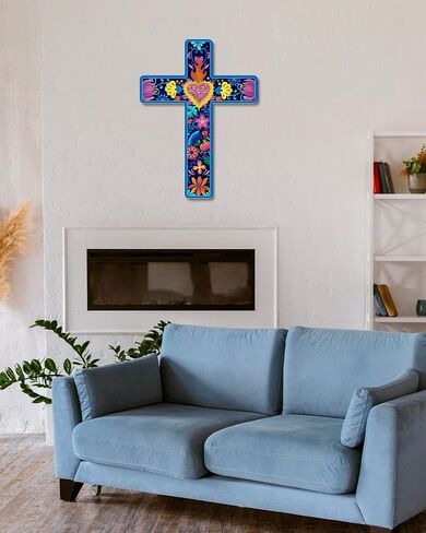 Putuo Decor Floral Cross Wall Decor Painted Decorative Wooden Inspirational Cross Spanish Style Wall Cross Decor Mexican Art Wall Decor Crucifix for Home Room Church Decoration in Saudi Arabia