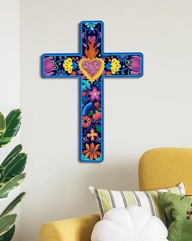 Putuo Decor Floral Cross Wall Decor Painted Decorative Wooden Inspirational Cross Spanish Style Wall Cross Decor Mexican Art Wall Decor Crucifix for Home Room Church Decoration in Saudi Arabia