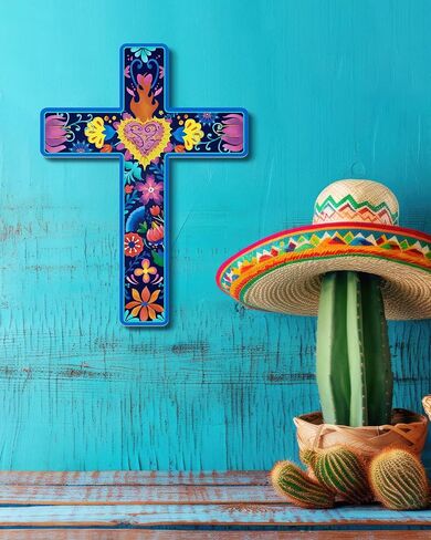 Putuo Decor Floral Cross Wall Decor Painted Decorative Wooden Inspirational Cross Spanish Style Wall Cross Decor Mexican Art Wall Decor Crucifix for Home Room Church Decoration in Saudi Arabia