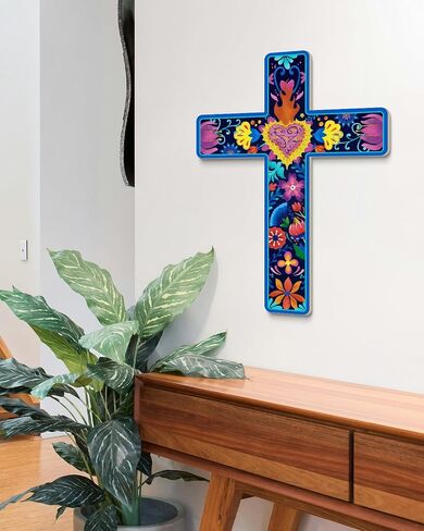Putuo Decor Floral Cross Wall Decor Painted Decorative Wooden Inspirational Cross Spanish Style Wall Cross Decor Mexican Art Wall Decor Crucifix for Home Room Church Decoration in Saudi Arabia