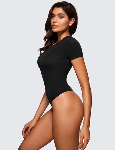 CRZ YOGA Cotton Short Sleeve Bodysuit for Women Casual Basic T Shirts Top Soft Breathable Crew Neck Sexy Thong Bodysuit in Saudi Arabia