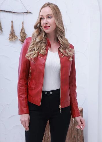 Women's Short Faux Leather Jacket Motorcyclet Crop Jacket Biker Fashion Jacket Coat in Saudi Arabia