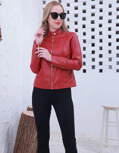 Women's Short Faux Leather Jacket Motorcyclet Crop Jacket Biker Fashion Jacket Coat in Saudi Arabia