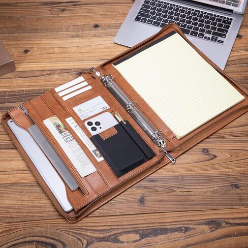 Leather Portfolio with 3 Ring Binder, Vegan Leather Padfolio Zippered, A4 Notebook Holder Laptop Sleeve Professional Business Organizer Gift for Men and Women, Black in Saudi Arabia