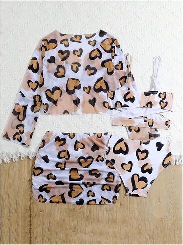 Milumia Girl's 4 Piece Heart Printed Swimsuits Crisscross Swimsuits Bathing Suits with Cover Up Sets in Saudi Arabia