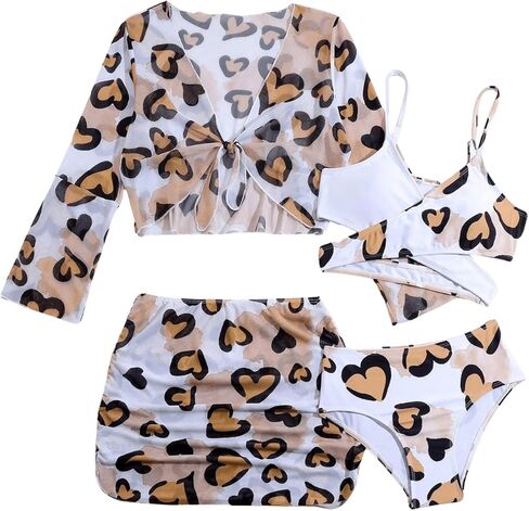 Milumia Girl's 4 Piece Heart Printed Swimsuits Crisscross Swimsuits Bathing Suits with Cover Up Sets in Saudi Arabia