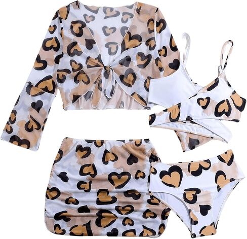 Milumia Girl's 4 Piece Heart Printed Swimsuits Crisscross Swimsuits Bathing Suits with Cover Up Sets in Saudi Arabia
