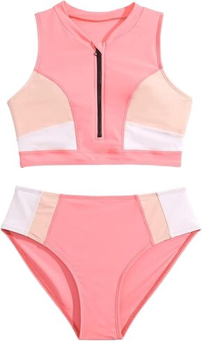Girl's 2 Piece Bathing Suit Sleeveless Colorblock Zip Up Front Cute Bikini High Waisted Swimsuit in Saudi Arabia