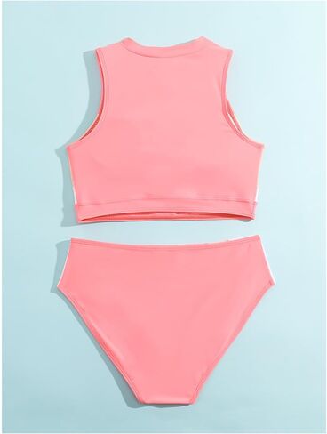 Girl's 2 Piece Bathing Suit Sleeveless Colorblock Zip Up Front Cute Bikini High Waisted Swimsuit in Saudi Arabia