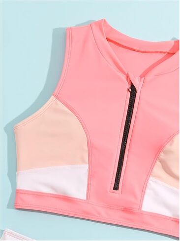 Girl's 2 Piece Bathing Suit Sleeveless Colorblock Zip Up Front Cute Bikini High Waisted Swimsuit in Saudi Arabia