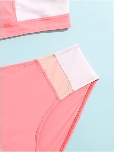 Girl's 2 Piece Bathing Suit Sleeveless Colorblock Zip Up Front Cute Bikini High Waisted Swimsuit in Saudi Arabia