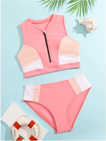 Girl's 2 Piece Bathing Suit Sleeveless Colorblock Zip Up Front Cute Bikini High Waisted Swimsuit in Saudi Arabia