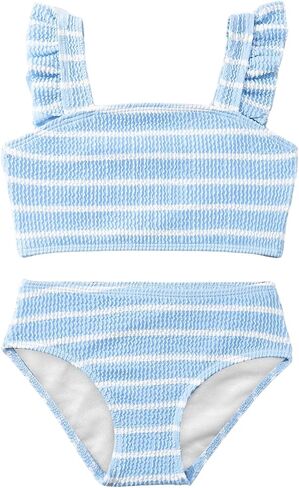MakeMeChic Girl's Swimsuit Striped Cute Ruffle Trim High Waisted Textured 2 Piece Bikini Set Bathing Suit in Saudi Arabia