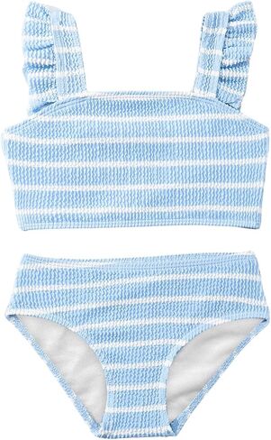 MakeMeChic Girl's Swimsuit Striped Cute Ruffle Trim High Waisted Textured 2 Piece Bikini Set Bathing Suit in Saudi Arabia