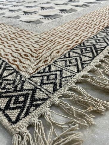 Hand Printed Block Print Rug Flatweave Area Rug Boho Rug Cotton Rug (4' x 6') Black&cream in Saudi Arabia