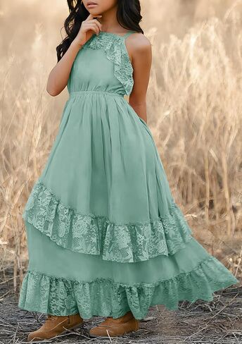 MITILLY Girls Boho Lace Flower Dresses Square Neck Sleeveless Ruffle Tiered Flowy Party Maxi Dress with Pockets in Saudi Arabia