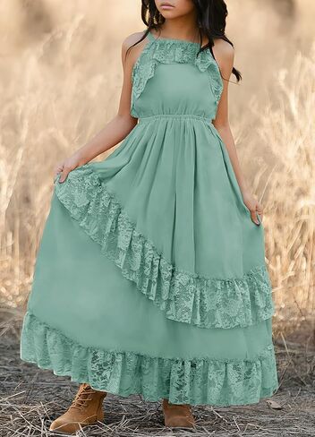 MITILLY Girls Boho Lace Flower Dresses Square Neck Sleeveless Ruffle Tiered Flowy Party Maxi Dress with Pockets in Saudi Arabia